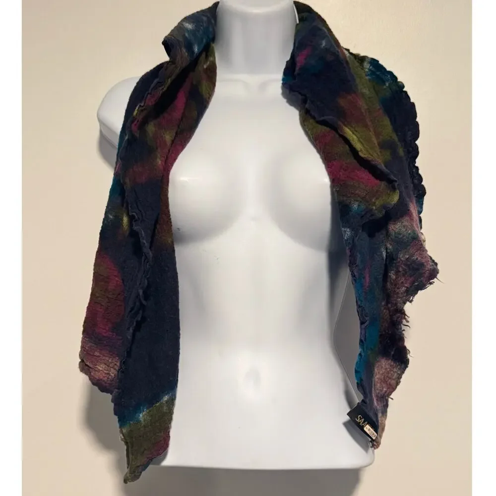 Saachi Hand Dyed Silk Wool Scarf‎ Boho Textured Artsy Unique Colorful